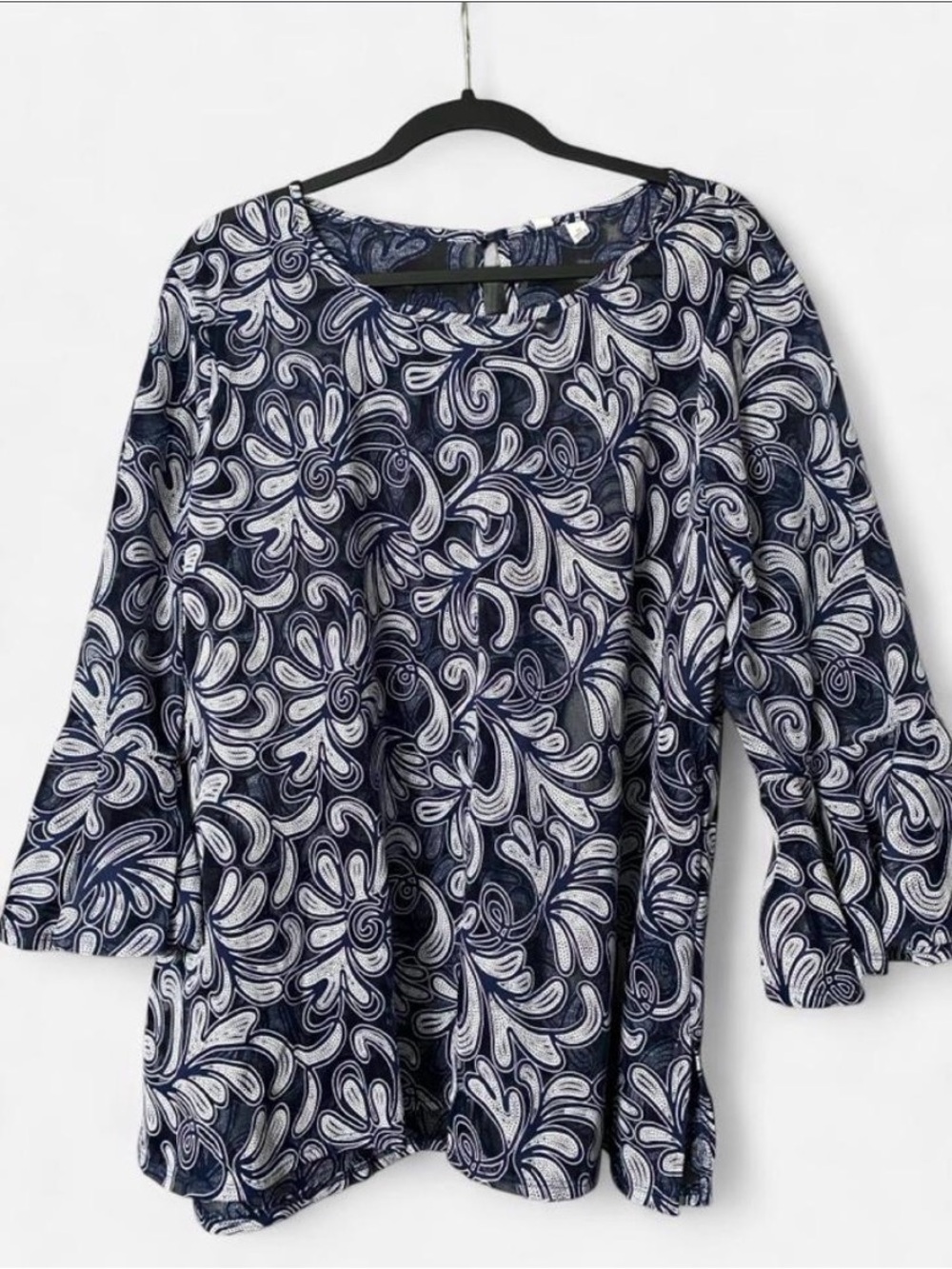 NY Collection Navy Blue & White Floral Scoop Neck Tunic